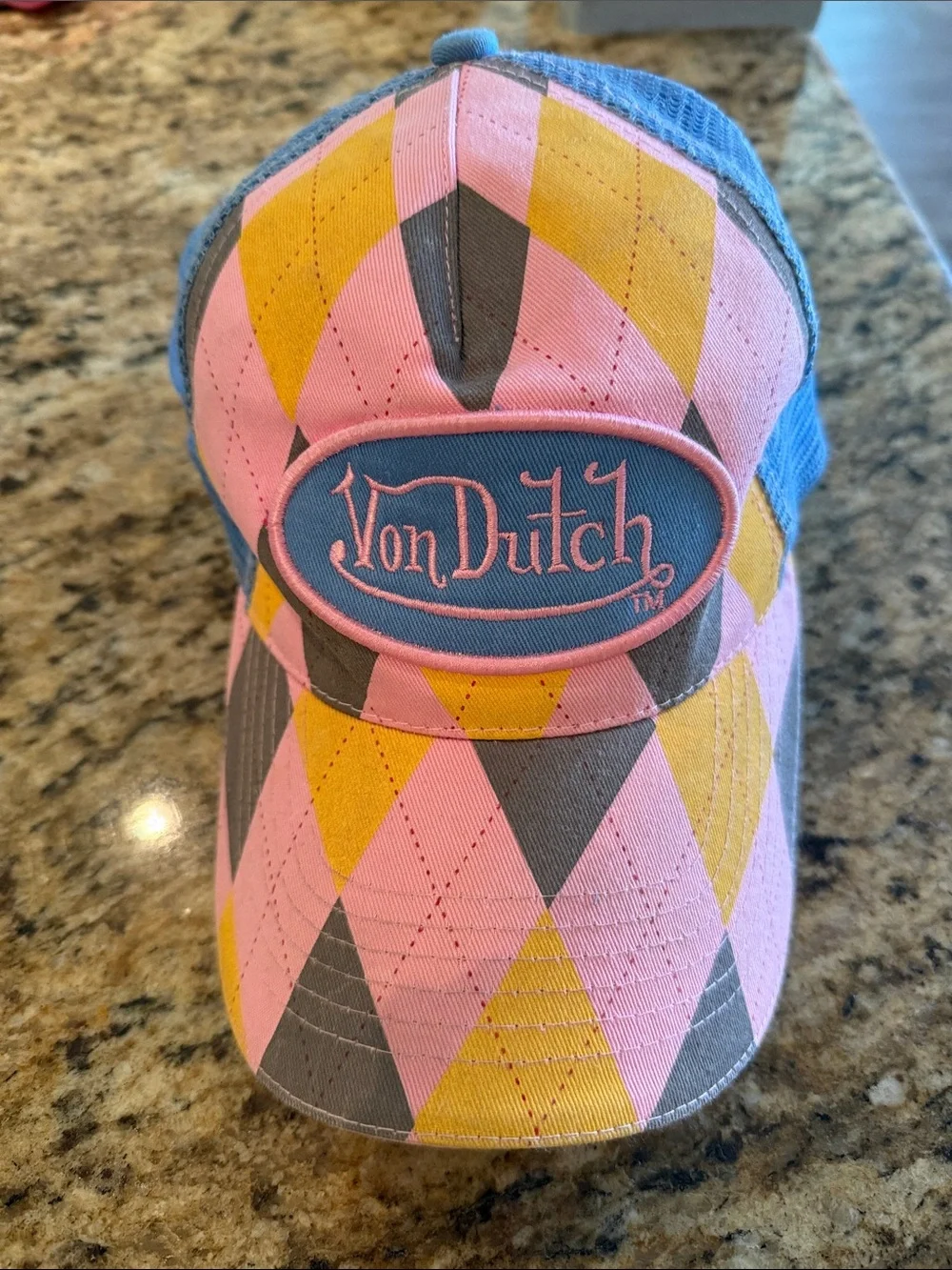 Von Dutch Vintage Blue, Pink & Yellow Argyle Trucker Hat